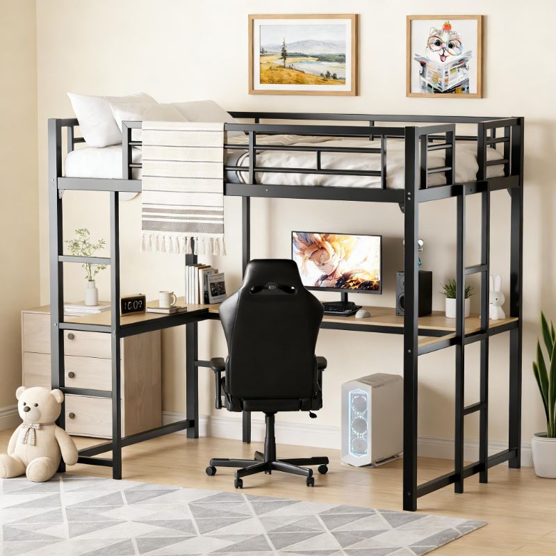 View 1 of **BOX 2 OF 2 ONLY/INCOMPLETE SET***KMBOHE Full Size Loft Bed with Desk and Shelves, Metal Loft Bed with Ladder and Guardrails, Loft Bed Frame for Bedroom, Black