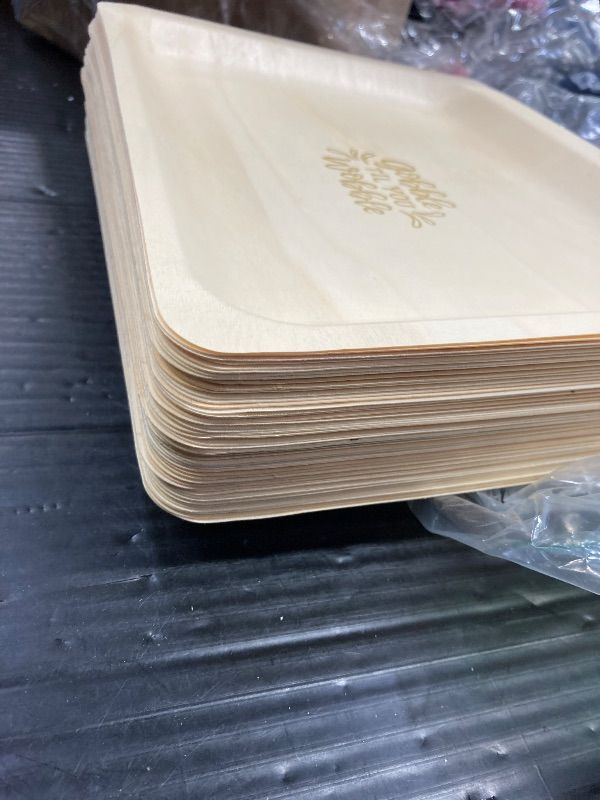 Photo 1 of 10" Wooden Plates with "GOBBLE TILL YOU WOBBLE" Custom Print - Pack of 25ct