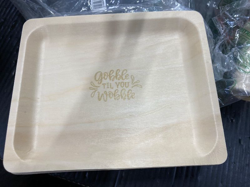 Photo 1 of 10" Wooden Plates with "GOBBLE TILL YOU WOBBLE" Custom Print - Pack of 25ct