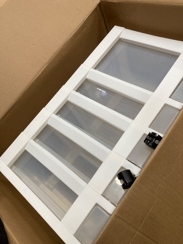 Photo 1 of *Bottom broken/Missing wheel* IRIS USA Plastic Drawer Storage Organizer Rolling Cart, with Wheels Casters, 5-Drawers, for Classroom Art Craft Supplies Dresser Closet Bathroom Laundry Room, Flat Smooth Top, White/Clear