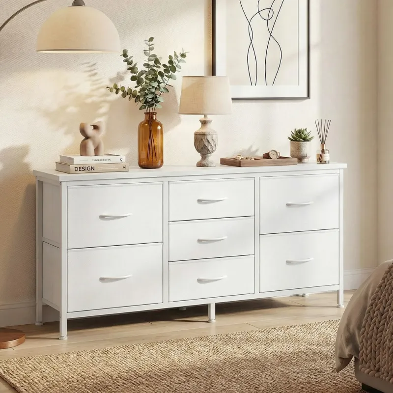 Photo 1 of *Minor damaged to flat drawer piece* edx 7 Drawer Dresser for Bedroom, 47.2" Fabric Drawers with Wood Top Metal Frame, Wide Storage Organizer for Closet, Hallway & Living Room, White
