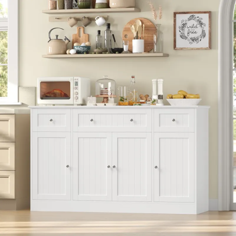 Photo 1 of *Dirty/Chipped* Homfa 55"W Sideboard Buffet Cabinet with Adjustable Shelves & 3-Drawers, 4 Doors Kitchen Storage Cabinet, Coffee Bar Cabinet for Dining Living Room, White