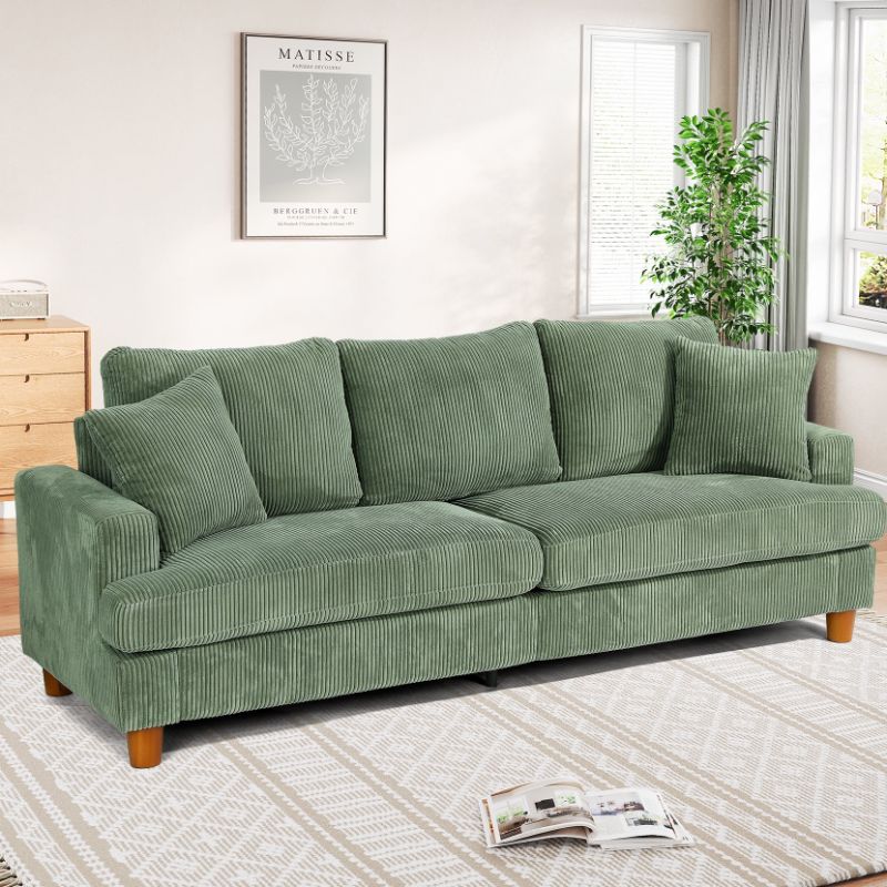 Photo 1 of *Damage to box* 87" Corduroy Sofa,3 Seater Sofa with Extra Deep Seats,Neche Comfy Upholstered Couch for Living Room,2 Pillows,Green