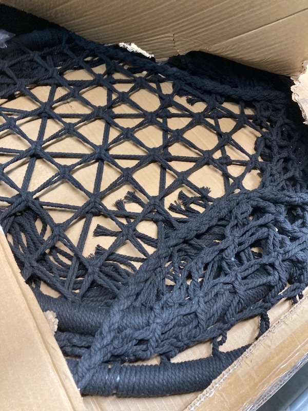 Photo 1 of ***DAMAGE -SELLING AS PARTS ONLY*** KWANSHOP Hanging Hammock Chair Macrame Swing Seat Mesh, Handmade Knitted Hanging Cotton Rope Chair for Indoor/Outdoor Home Patio Garden Back Yard, Black ***BOX RIPPED/TORN***
