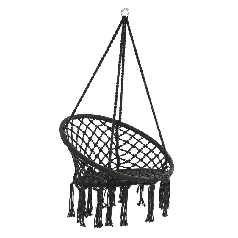Photo 1 of ***DAMAGE -SELLING AS PARTS ONLY*** KWANSHOP Hanging Hammock Chair Macrame Swing Seat Mesh, Handmade Knitted Hanging Cotton Rope Chair for Indoor/Outdoor Home Patio Garden Back Yard, Black ***BOX RIPPED/TORN***