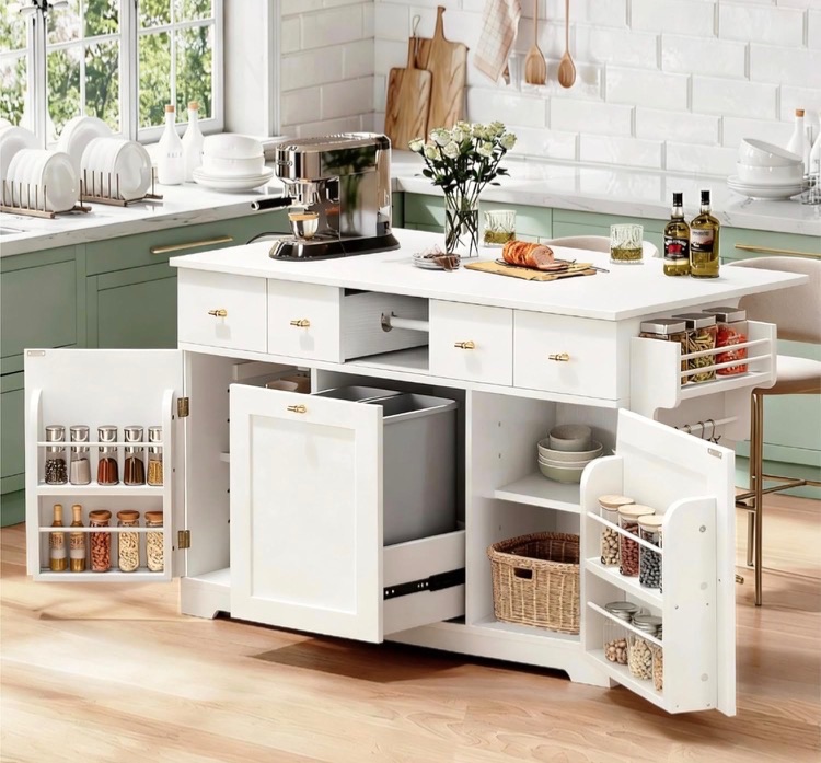 Photo 1 of ****** PARTIAL SET*******DWVO Kitchen Island with Drop Leaf, 59" Large Mobile Storage Islands with Power Outlet, Double Pull-Out Trash Can Cabinets Fits 10-Gal Garbage Bin, Rolling Kitchen Cart with Spice & Towel Rack, White