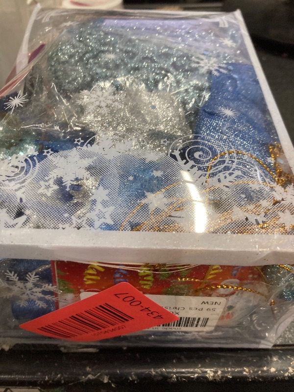 Photo 1 of 59Pcs Christmas Tree Decorations Set, Blue Plastic Shatterproof Hanging Ornaments w/Artificial Poinsettia Flowers, Glitter Berries Stems, Snowflakes for Indoor Home Xmas Holiday Party Decor