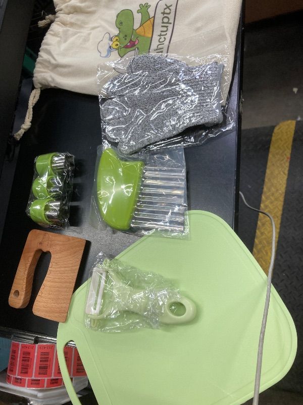 Photo 1 of ***MISSING PIEECES -SELLING AS IS *** Suhctuptx 9 Pieces Wooden Kids Kitchen Knife Set with Gloves Cutting Board Fruit Vegetable Crinkle Cutters Serrated Edges Plastic Toddler Knifes for Real Cooking Kid Safe Knives