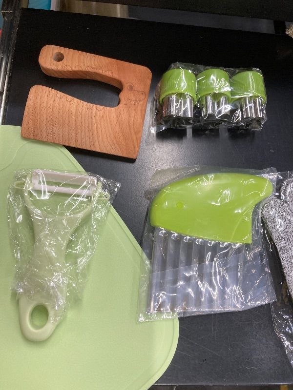 Photo 1 of ***MISSING PIEECES -SELLING AS IS *** Suhctuptx 9 Pieces Wooden Kids Kitchen Knife Set with Gloves Cutting Board Fruit Vegetable Crinkle Cutters Serrated Edges Plastic Toddler Knifes for Real Cooking Kid Safe Knives