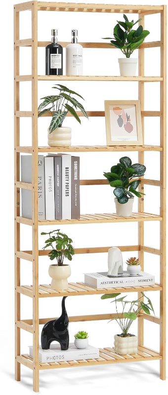 Photo 1 of **NOTE: THE PHOTO AND DESCRIPTION ARE SIMILAR**VEVOR 6-Tier Bamboo Shelf, Open Wood Bookshelf, Display Storage Rack Organizer, Freestanding Flower Plant Stand, Multifunctional Bamboo Bookshelf Ideal for Bathroom, Bedroom, Office, Study, Natural

