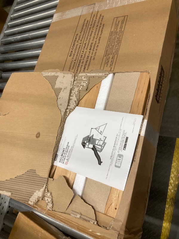 Photo 1 of **NOTE: ONE BOX OF THREE IS MISSING THE OTHER BOXES**** Backyard Discovery Belmont Cedar Wood Swing Set with Wave Slide, Play Deck, Rock Wall Ladder, Snack Bar Window, Shaded Picnic Area, Bench, Belt Swings, Trapeze, Sandbox Area, Canopy, Outdoor Playset