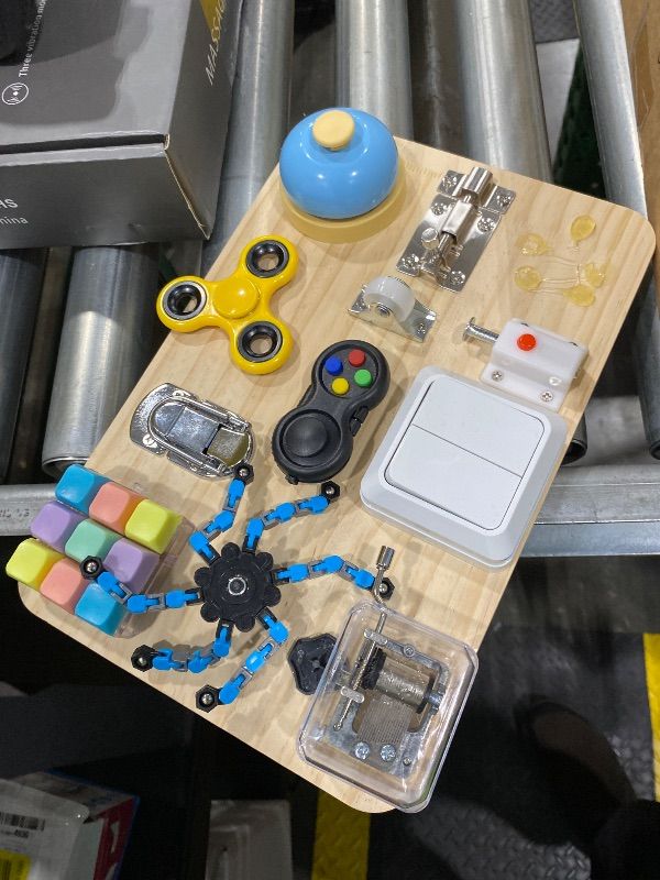 Photo 1 of ***MINOR DAMAGE*** Fidget Spinner Board Busy Toy for Kids Age 3-12, Montessori Gadget for Boys Girls- Musical Fidget Pad Wooden Sensory Activity Board - Focus Toy Motor Skills Christmas Stocking Stuffer Gift