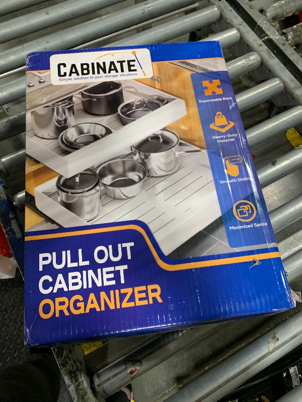 Photo 1 of 1 Pc Expandable Pull Out Cabinet Organizer - Deep Adjustable Sliding Peel and Stick Pull Out Drawer, Roll Out Shelf for Organization, 4 Adhesive Hooks, 16.5" Deep, Expandable 12"-20.5'' Width, White