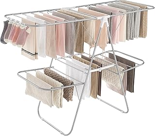 Photo 1 of ****FINAL SALE*** SIMULAR NOT EXACT!~SONGMICS Clothes Drying Rack, Foldable 2-Level Laundry Drying Rack, Free-Standing Laundry Airer, with Height-Adjustable Wings, 33 Drying Rails, Sock Clips, Silver and White ULLR053W01V1
