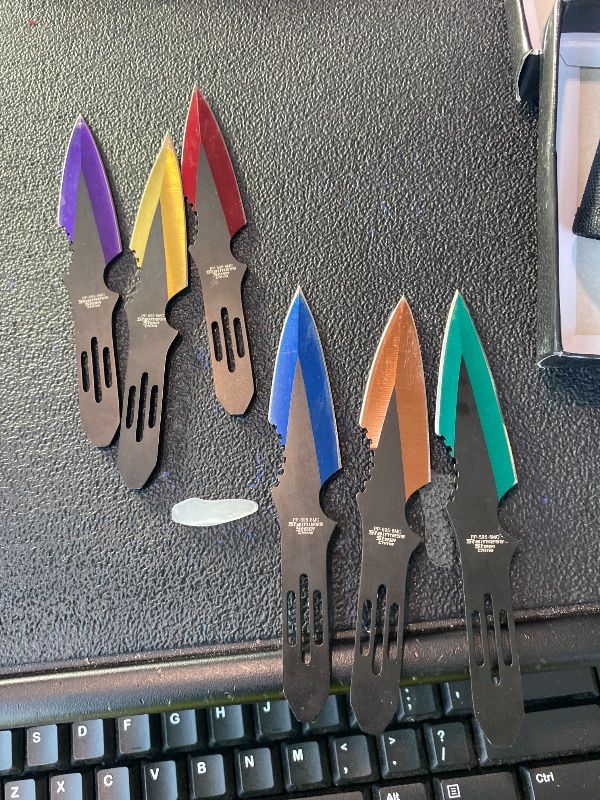 Photo 1 of ***VERY USED*** ***BENT TIPS*** Perfect Point Throwing Knife with Nylon Sheath, 5.5 inch Blade, 2-Tone Silver Black, Stainless Steel, Practice, Training (Multi)