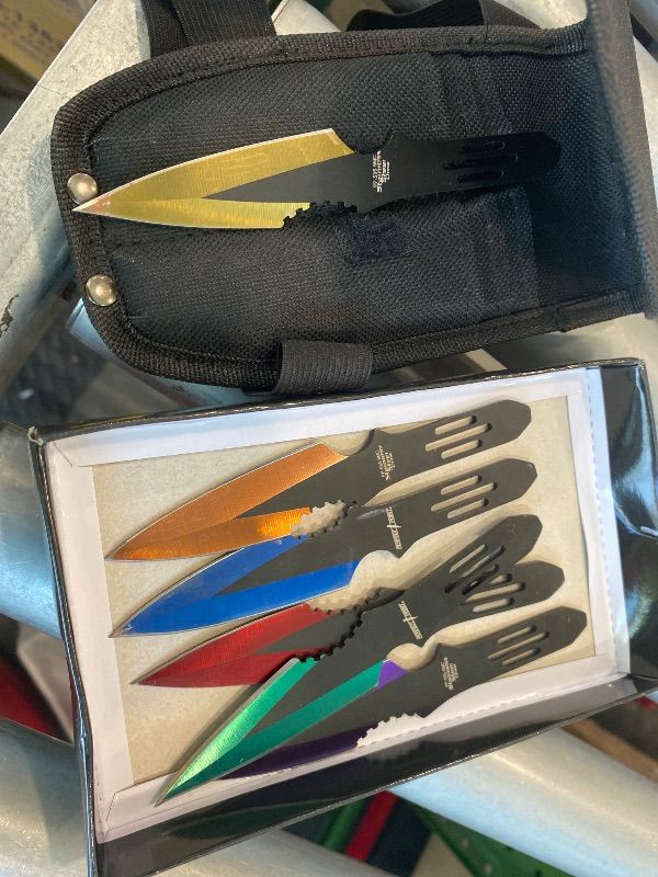 Photo 1 of ***VERY USED*** ***BENT TIPS*** Perfect Point Throwing Knife with Nylon Sheath, 5.5 inch Blade, 2-Tone Silver Black, Stainless Steel, Practice, Training (Multi)