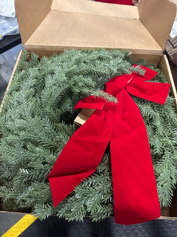 Photo 1 of **MISSING LIGHTS**
AMORISE 26" Norfolk Pine Wreath, Christmas Wreath for Front Door, Winter Large Greenery Wreath with Lights, Red Bow, Bell, Artificial Wreaths for Indoor Outdoor Holiday Decor, FF11