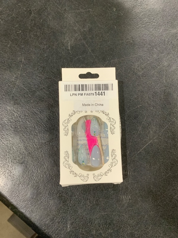 Photo 1 of 24 Pcs Press on Nails Short Almond - YEFIUO Blue Nail Tips Acrylic Nail Kit 3D Shell Texture Rhinestone Charms Nail Art Fake Nails Press ons French Tip Glue on Nails Full Cover False Nails for Women