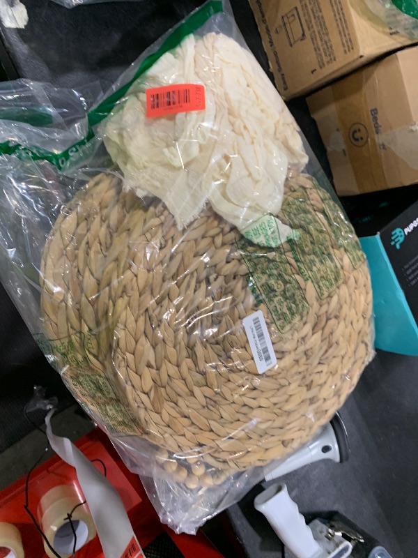 Photo 1 of 24 PCS Round Woven Placemats Set, 8 Boho Rattan Tablemats 13" Natural Water Hyacinth Farmhouse Place Mats with 8 Cotton Napkins, 8 Wooden Beads Napkin Ring for Kitchen Dining Table Decor