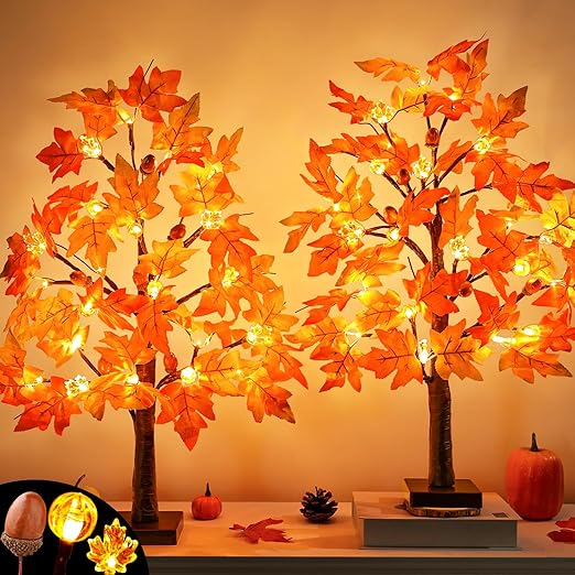 Photo 1 of 2 Pack 24 Inch Lighted Fall Tree for Fall Decorations with 48 LED Timer Battery Operated Tabletop Prelit Artificial Fall Light Up Tree for Home Indoor Outdoor Autumn Harvest Thanksgiving Table Decor