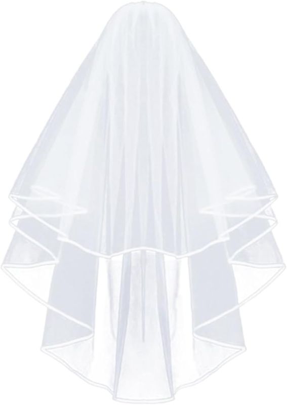 Photo 1 of 
 Ask Rufus

What material is the comb made of?
 
Can it be worn with different hairstyles?
 
Is it machine washable?
 
Ask something else
Brand: Korty
Wedding Veil,2/3 Tier Ribbon Edge Center Cascade Bridal Veil with Comb for Bachelorette Party
