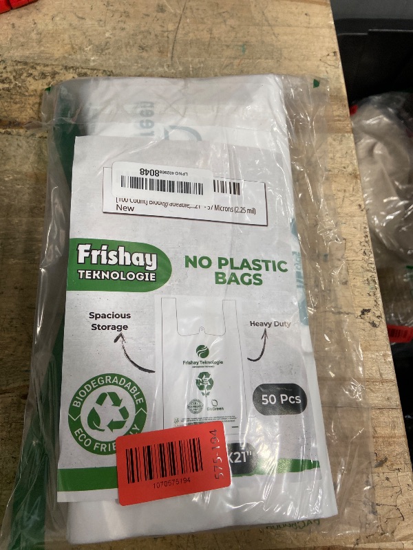 Photo 1 of 100 Count Biodegradable & Reusable T-Shirt Bags with Handles — Extra Heavy Duty 57 Micron (2.25 mil) White Shopping, Retail, Food Trucks & Restaurant Bags, 11.5" x 6.5" x 21" Eco Friendly