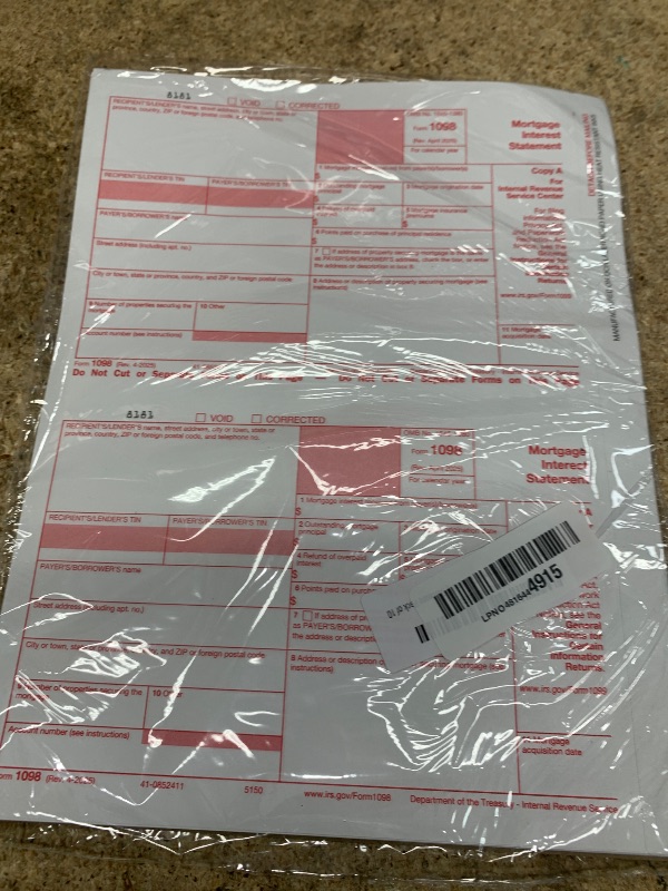 Photo 1 of 1098 Mortgage Interest Tax Form 2025, 2 Part Laser Federal Tax Forms kit with 1096 Transmittal Designed for QuickBooks and Accounting Software Pack of 10