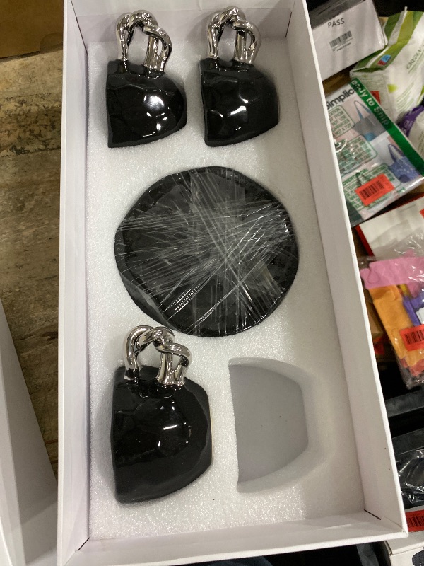 Photo 1 of **3/4 PIECES, MISSING MUG* EmaRosa Ceramic Tea Cup Set with Silver Handle – Black Faceted Teacup and Saucer Set of 4 – Elegant Mugs Set of 4 for Coffee or Tea – Luxury Gift Box
