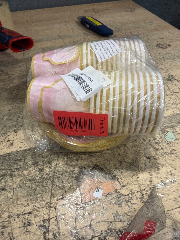 Photo 1 of  Paper Tea Cups and Plates Pink Floral Disposable Paper Teacups and Saucer Sets with Gold Rim Decorations for Hot Cold Drinks for Wedding Birthday Baby Shower Tea Party, Serve 25