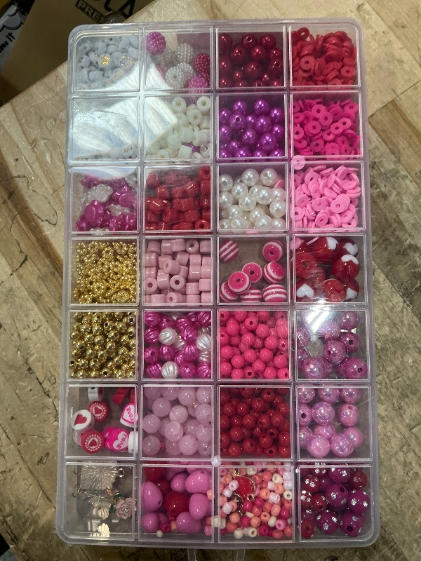 Photo 1 of  Valentine’s Day Beads for Bracelets Jewelry Making Set, Pink Red Polymer Clay Beads Assorted Pearl Acrylic Heart Bead Letter Spacer Flower Bead and Heart Charms for Necklace Bracelets Making
