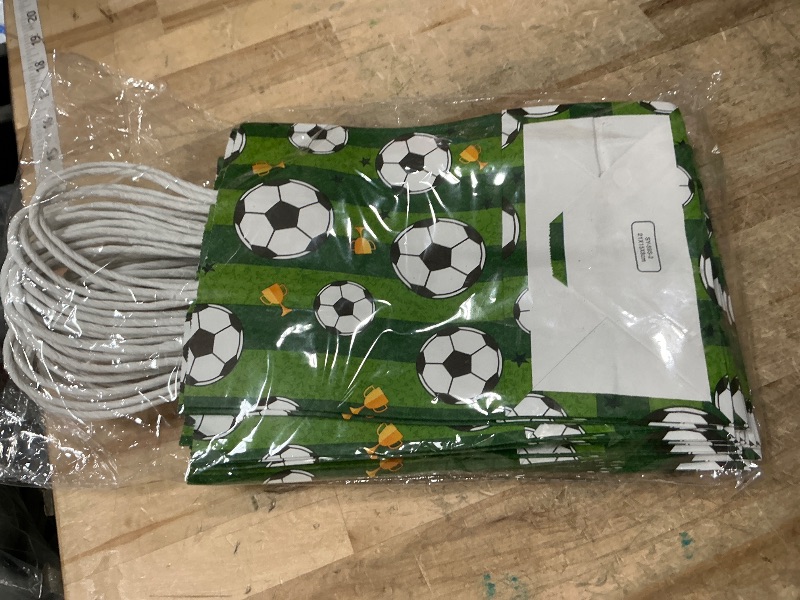 Photo 1 of Soccer Party Favor Paper Bags - Green Football Gift Bags with Handles for Kids & Adults Soccer Party Supplies