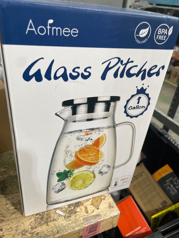 Photo 1 of 1 Gallon 128oz Glass Pitcher, Water Pitcher with Lid and Spout, Glass Carafe for Hot/Cold Drink, Water Jug for Iced Tea, Coffee, Juice, Milk, Beverage (Extra-Wide Mouth)