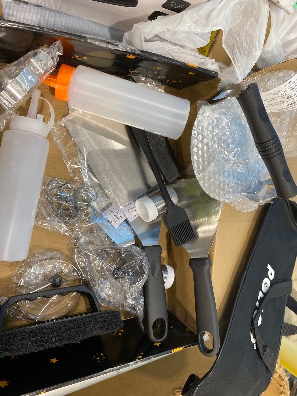 Photo 1 of **MISSING PIECES, PLEASE SEE PHOTOS**POLIGO Smash Burger Press Kit - 4 in 1 Stuffed Burger Mold, 2PCS Cast Iron Burger Presses, Sauce Brushes Included - Non Stick Smash Burger Press Set for Grill and Griddle Cooking