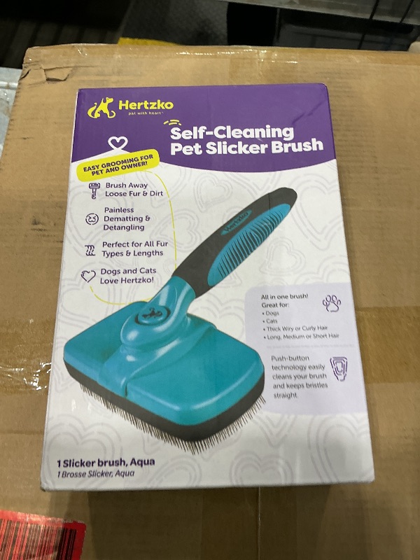 Photo 1 of *MINOR DAMAGE - USED*
Hertzko Dog Brush for Shedding - Self Cleaning Slicker Brush for Dogs and Cats - Gently Removes Loose Hair, Tangles, and Dirt - Grooming Comb Suitable for Long or Short Coats - Aqua