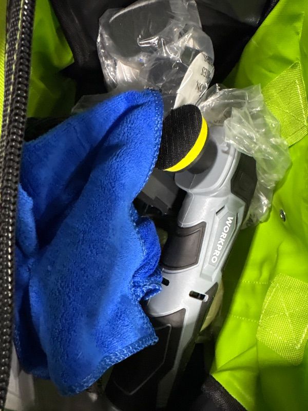 Photo 1 of **MISSING BATTERY**
WORKPRO Cordless Mini Buffer Polisher, 12V Buffer Polisher for Car Detailing, 5 Variable Speed Up to 3000RPM, Compact Cordless Polisher Kit for Waxing, DIY Projects, Furniture Polishing