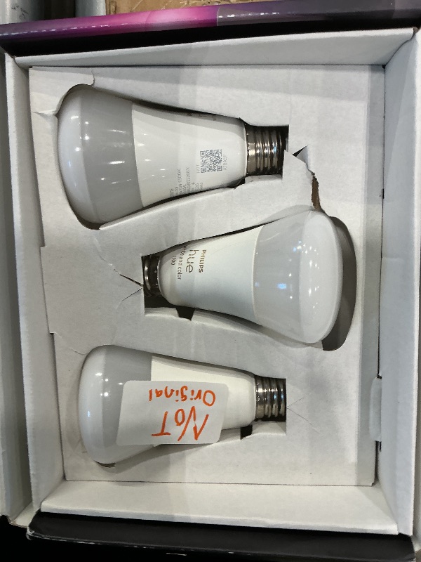 Photo 1 of *UNTESTED*
Philips Hue Starter Kit: Bridge Pro + 3 A19 E26 Smart Bulbs + Tap Dial Switch, White and Color Ambiance, Smart Light Hub, Works with Voice