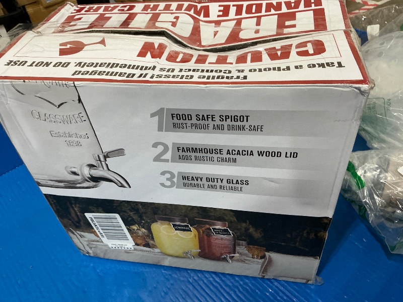 Photo 1 of (MINOR BROKEN LID) mustry Glass Drink Dispenser for Parties, 1 Gallon Beverage Dispenser with Stand and Spigot Solid Stainless Steel, Used as Lemonade Dispenser Sun Tea Jar Kombucha Jar, Set of 2