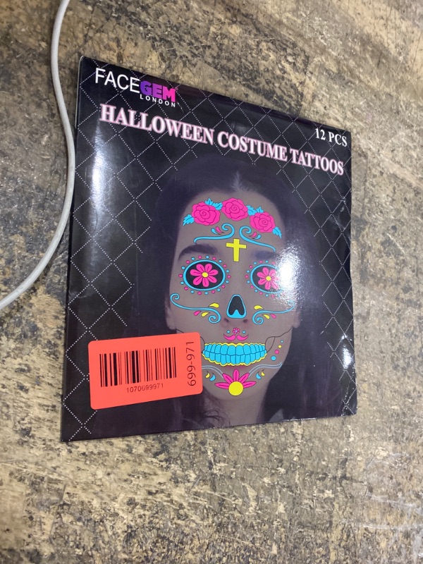 Photo 1 of 12 PCS Day of the Dead Costume Tattoos for Halloween - Temporary Sugar Skull Face Stickers for Makeup, Masquerade, Parties. Halloween tattoos, Face & Body Tattoos for Events. Day of the Dead Tattoos