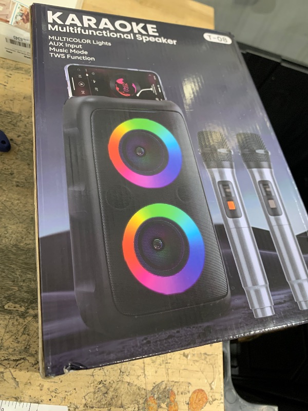 Photo 1 of **UNTESTED MISSING POWER CORD*** PWBSLAI Bluetooth Speaker with 2 Rechargeable Wireless Microphone - Portable Party Speaker with Colorful Lights - Floorstanding Speakers Support TWS/AUX/USB/TF Card Ideal for Party,Home,Camping
