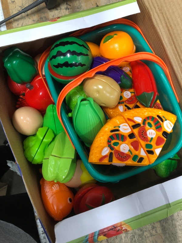 Photo 1 of 100 PCS Cutting Play Food Toy for Kids Kitchen, Pretend Food Toys for Toddlers, Play Kitchen Toys Accessories with 2 Baskets, Fake Food/Fruit/Vegetable, Birthday Gifts for 3 4 5 Years Old Boys Girls