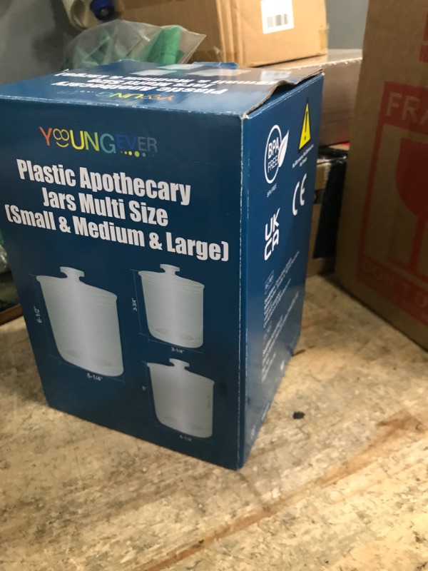 View 2 of ****INCOMPLETE SET/ MISSING PIECES** Youngever 60-Ounce, 30-Ounce and 15-Ounce Clear Plastic Apothecary Jars Set of 3