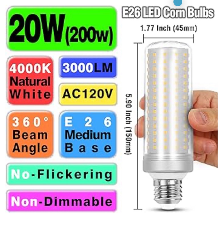Photo 1 of 1.77x 5.9 inch,E26 E27 LED Corn Light Bulb 200W Replacement 3000 lm 4000K Natural White,20W E26 Medium Base Non-dimmable Candelabra Ceiling Fan Corn Lighting for Home Garage Warehouse Corn Bulbs,