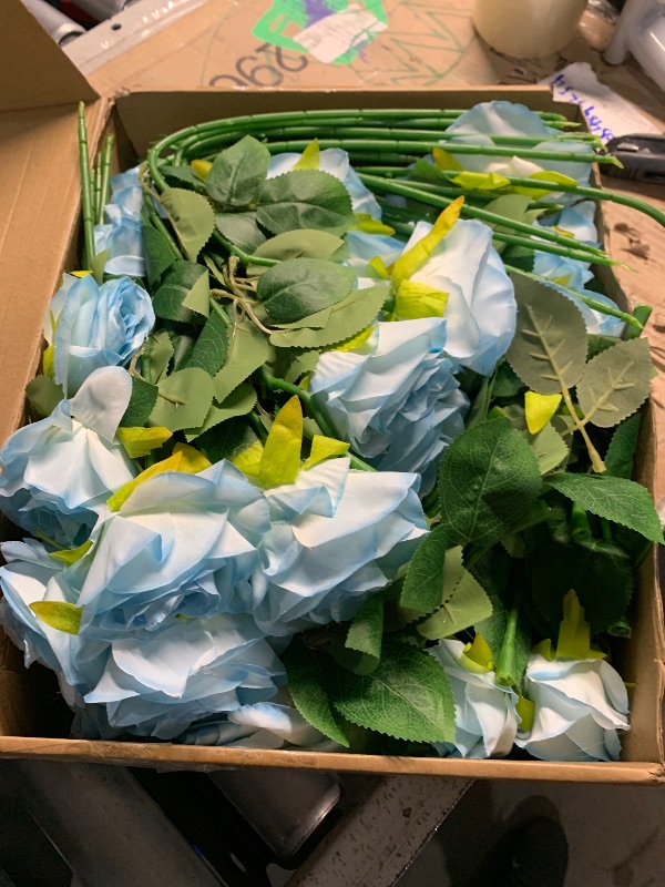 Photo 1 of ***(HEAVILY USED/ MINOR DAMAGE)****Ovveroche 68 Pcs Ice Blue Artificial Roses Fake Flowers,Silk Flowers with Stems for DIY Wedding Bridal Shower Centerpieces Arrangements Tables Decorations