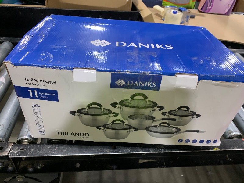 Photo 1 of Daniks Orlando 11-Piece Stainless Steel Cookware Set with Glass Lids, Includes Saucepan and Frying Pan, Tri-Ply Bases for Even Heating, Induction Compatible, Dishwasher Safe, Heatproof Handles