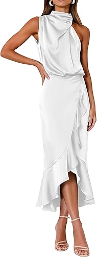 Photo 1 of KIRUNDO Women 2026 Spring Summer Satin Mock Neck Wedding Guest Party Cocktail Midi Dress Sleeveless Wrap Ruffle Formal Dress