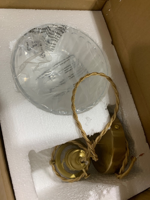 Photo 1 of Qufute Glass Hanging Lights One-Light Vintage Pendant Light Fixtures Clear Striped Glass Shade Mid Century Modern Pendant Light Gold Brass Light Fixture Adjustable Cord for Dining Room Hallway
