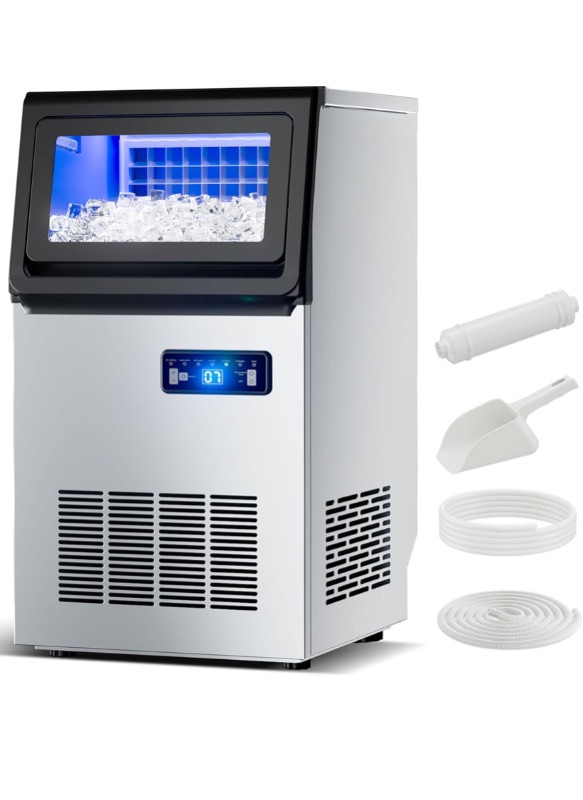 Photo 1 of Commercial Ice Maker, 107 Lbs/24H Countertop Ice Maker Machine Commercial Ice Machine Freestanding Stainless Steel Upon Counter Ice Maker(107Lbs/24H)