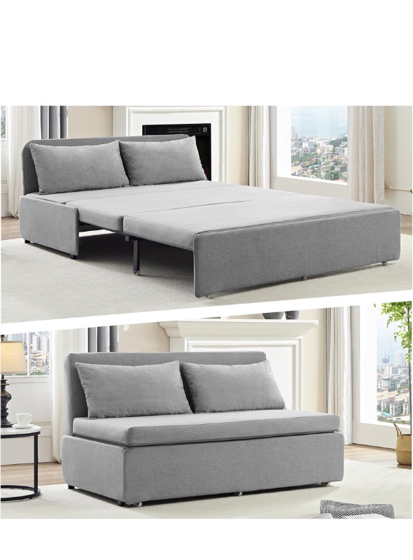 Photo 1 of  64.2" Queen Size Pull Out Sofa Bed, Pull Out Couch Bed with 2 Pillows, Linen Convertible Sleeper Sofa with Foldable Mattress, 2 in 1 Armless Sleeper Sofa for Living Room-Light Grey