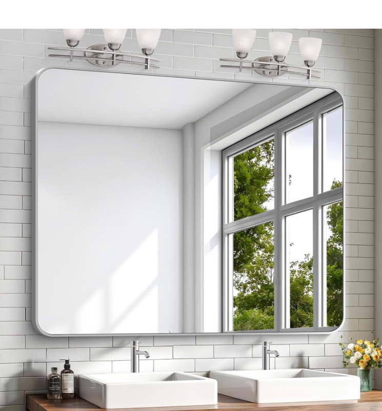 Photo 1 of KOCUUY Silver Bathroom Mirror, 40x48 Inch Large Bathroom Mirror for Over Sink, HD Tempered Glass, Anti-Rust Brushed Silver Frame, Rounded Corner Modern Design for Bathroom, Hang Horizontal/Vertical