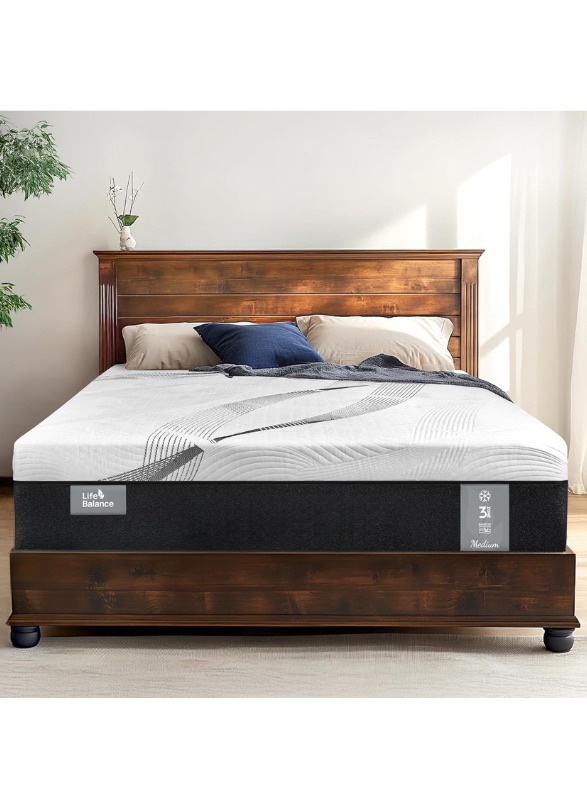 Photo 1 of Life Balance Queen Size Mattress, Hybrid Mattress in a Box 12 Inch, Cooling Mattress with Lyocell Cover, Bamboo Charcoal Memory Foam Mattress, 3-Zone Pocket Springs, Fiberglass Free, Made in USA